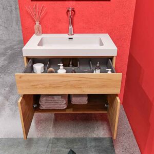 Mueble de baño suspendido 2 puertas / 1 cajón CARMEN con lavabo resina acabado ROBLE CLARO