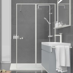 Fijo de
  ducha a medida mampara LINE con perfileria enmarcada 2 cuerpos - Vidrio 4 MM
  con tratamiento anti-cal incluido- Brazo sujeción acero inox.