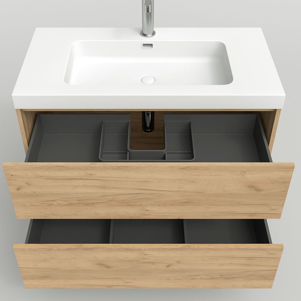 Mueble de baño suspendido 2 cajones CARMEN con lavabo resina acabado MOKA - Imagen 8
