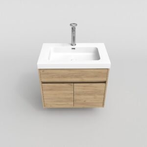 Mueble de baño suspendido 2 puertas / 1 cajón CARMEN con lavabo resina acabado ROBLE CLARO