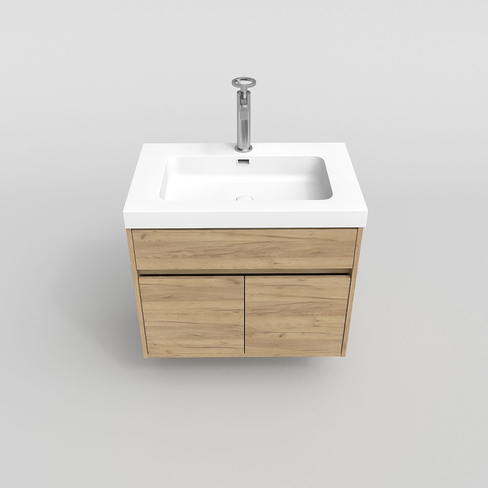 Mueble de baño suspendido 2 puertas / 1 cajón CARMEN con lavabo resina acabado ROBLE CLARO - Imagen 6