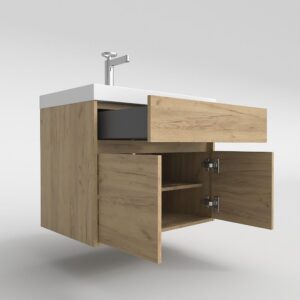 Mueble de baño suspendido 2 puertas / 1 cajón CARMEN con lavabo resina acabado ROBLE CLARO