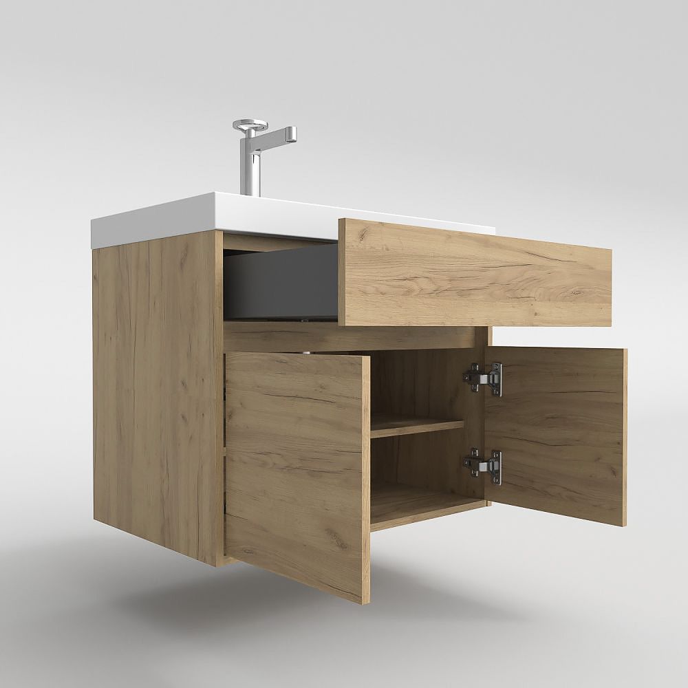 Mueble de baño suspendido 2 puertas / 1 cajón CARMEN con lavabo resina acabado ROBLE CLARO - Imagen 4