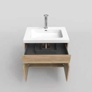 Mueble de baño suspendido 2 puertas / 1 cajón CARMEN con lavabo resina acabado ROBLE CLARO