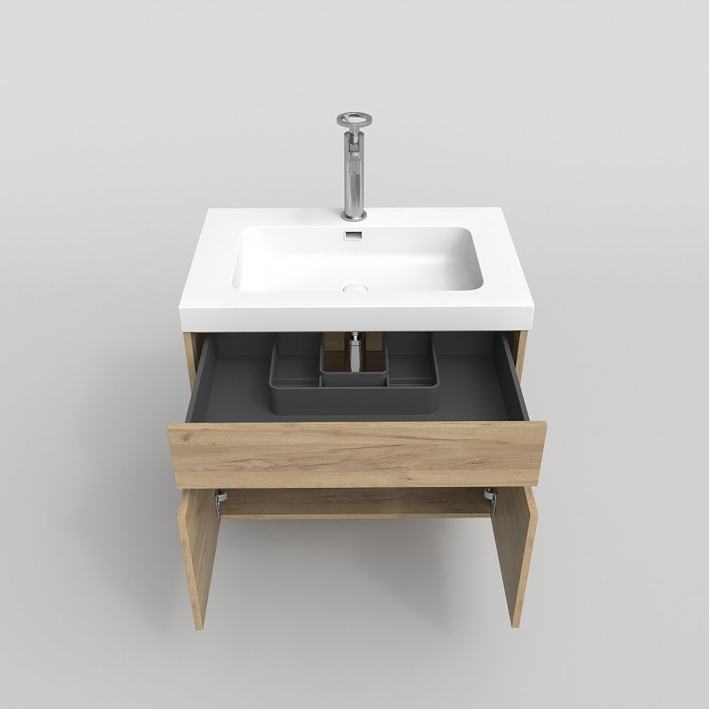 Mueble de baño suspendido 2 puertas / 1 cajón CARMEN con lavabo resina acabado ROBLE CLARO - Imagen 5