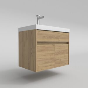 Mueble de baño suspendido 2 puertas / 1 cajón CARMEN con lavabo resina acabado ROBLE CLARO