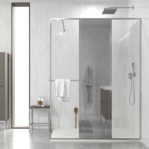 Fijo de
  ducha a medida mampara LINE S con perfilería enmarcada 3 cuerpos - Vidrio 4
  MM con tratamiento anti-cal incluido- Brazo sujeción acero inox.
