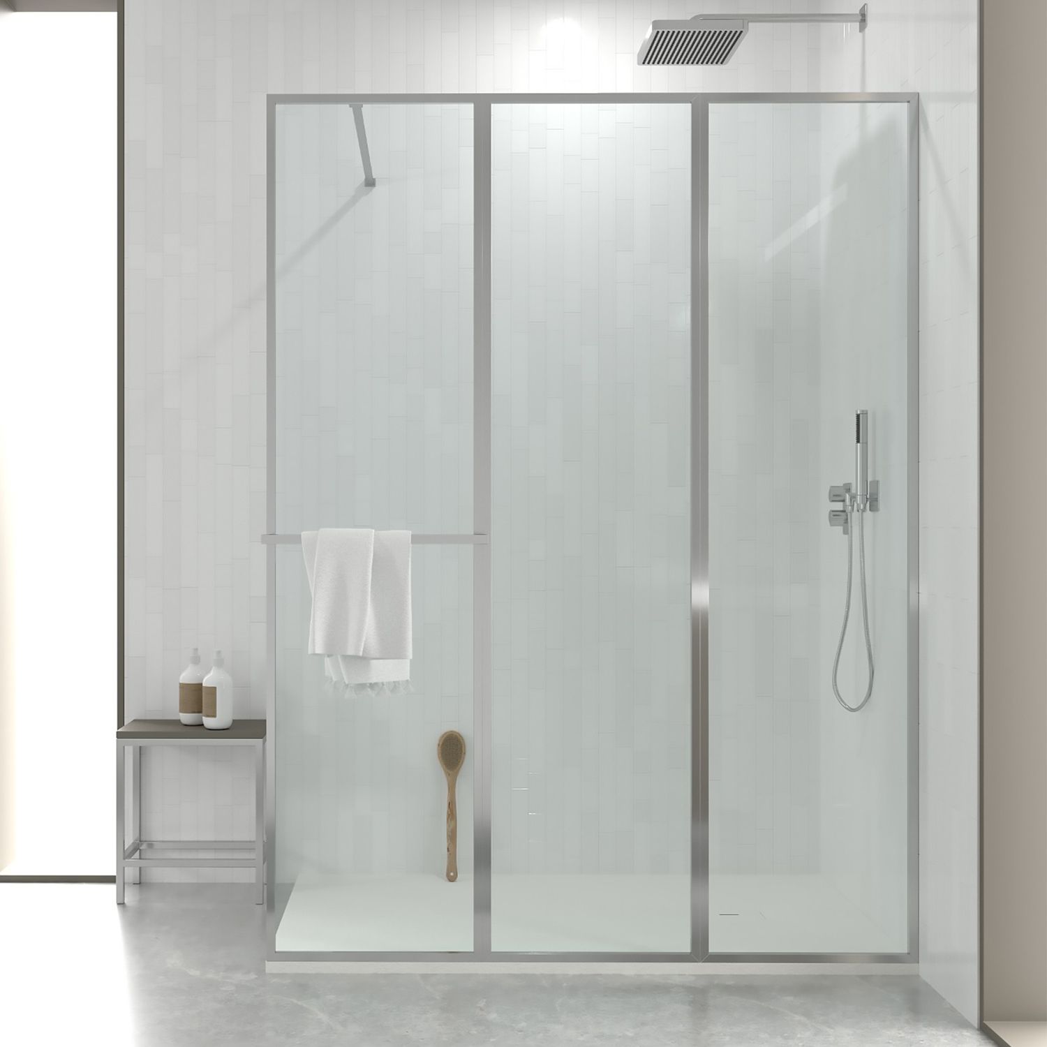 Fijo de
ducha a medida mampara LINE S con perfilería enmarcada 3 cuerpos - Vidrio 4
MM con tratamiento anti-cal incluido- Brazo sujeción acero inox.