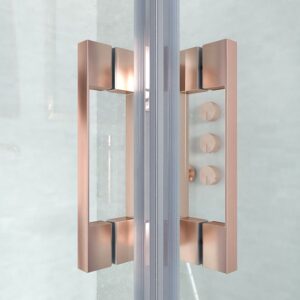 Mampara de ducha rectangular FLARE apertura angular 2 fijos-2 puertas correderas. Sin perfil inferior. Con tratamiento anti-cal. Acabado ORO ROSA