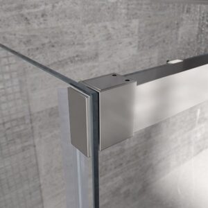 Mampara de ducha rectangular FLARE apertura frontal 1 fijo-1 puerta corredera+ 1 fijo . Sin perfil inferior. Con tratamiento anti-cal. Acabado CROMO BRILLO