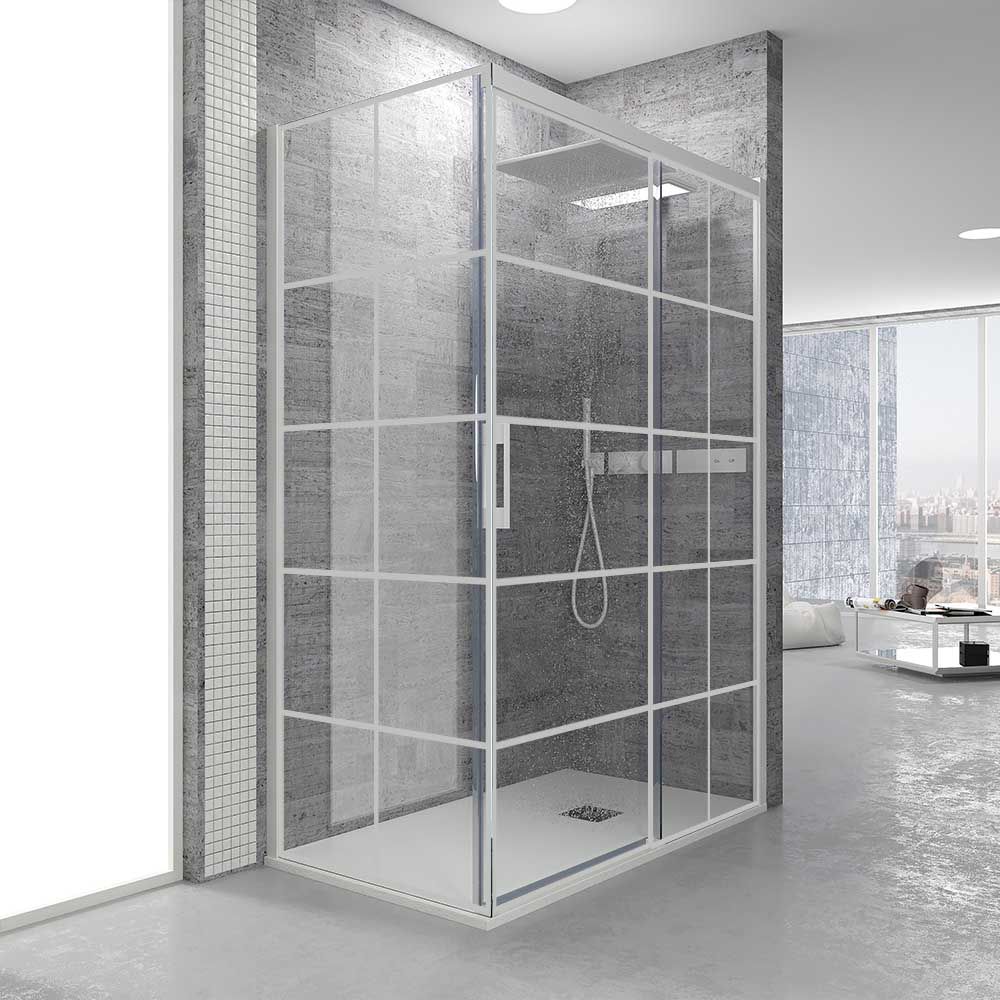 Mampara de ducha rectangular FLARE apertura frontal 1 fijo-1 puerta corredera+ 1 fijo . DECORADO INDUSTRIAL. Con tratamiento anti-cal. Acabado BLANCO MATE