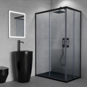 Mampara de ducha rectangular FLARE apertura angular 2 fijos-2 puertas correderas. Sin perfil inferior. Con tratamiento anti-cal. Acabado NEGRO MATE