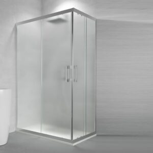Mampara de ducha rectangular GLISS apertura angular 2 fijos-2 puertas correderas. Vidrio OPACO con tratamiento anti-cal. Acabado CROMO BRILLO