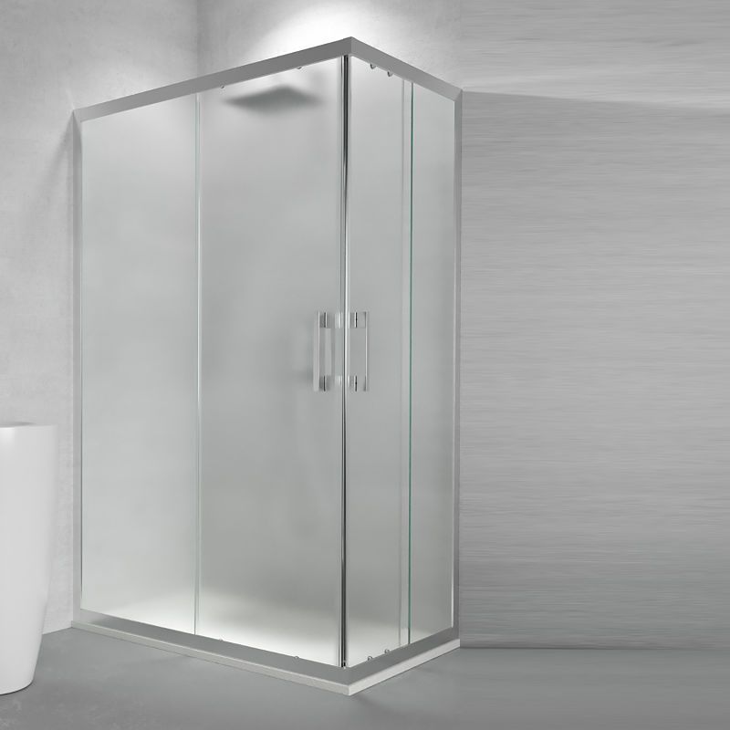 Mampara de ducha rectangular GLISS apertura angular 2 fijos-2 puertas correderas. Vidrio OPACO con tratamiento anti-cal. Acabado CROMO BRILLO