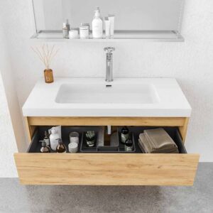 Mueble de baño suspendido 1 cajón / 1 hueco CARMEN con lavabo resina acabado ROBLE CLARO