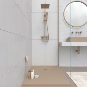 Plato ducha resina MYSTONE Moka RAL 1019 y colores exclusivos textura pizarra antibacteriano y antideslizante