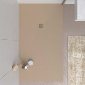 Plato ducha resina MYSTONE Moka RAL 1019 y colores exclusivos textura pizarra antibacteriano y antideslizante