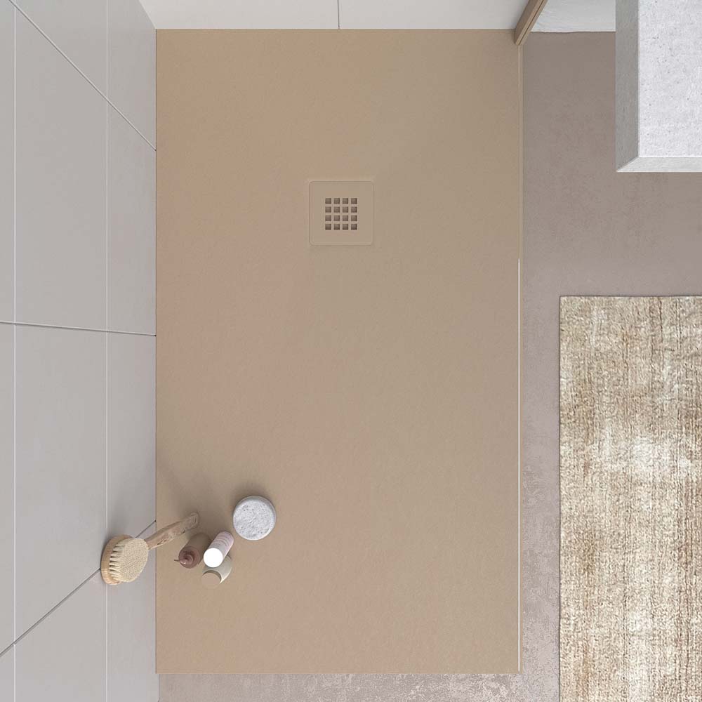 Plato ducha resina MYSTONE Moka RAL 1019 y colores exclusivos textura pizarra antibacteriano y antideslizante