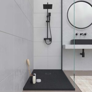 Plato ducha resina MYSTONE Negro RAL 9005 y colores exclusivos textura pizarra antibacteriano y antideslizante