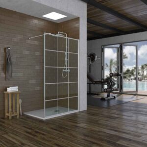 Mampara de ducha ZEN fija decorado industrial- vidrio 8MM - Tratamiento anti-cal incluido - Incluye brazo de seguridad. TALOS