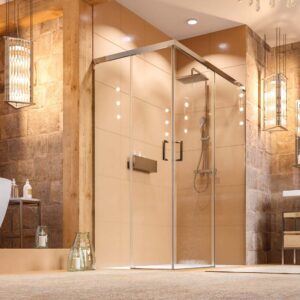 Mampara de ducha TECH STEEL rectangular 2 fijos - 2 puertas correderas vidrio 8 mm. ACERO INOXIDABLE