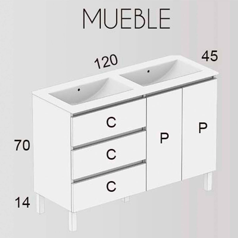 Mueble de baño MANILA varios tonos a suelo 120 cm 3 cajones / 2 puertas con lavabo cerámico - Imagen 2