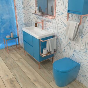 Mueble de baño 2 cajones - 1 puerta acabado mate AZUL CIELO con lavabo resina 6 cm grosor