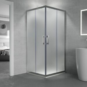 Mampara de ducha cuadrada GLISS apertura angular 2 fijos-2 puertas correderas. Vidrio opaco con tratamiento anti-cal. Acabado CROMO BRILLO