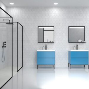 Mueble de baño EVO 2 cajones acabado mate AZUL CIELO con lavabo resina 6 cm grosor