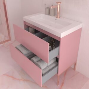 Mueble de baño 2 cajones acabado mate ROSA PALO con lavabo resina 6 cm grosor