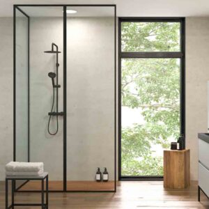 Fijo de
  ducha a techo LINE con perfileria enmarcada 3 cuerpos - Vidrio 4 MM con
  tratamiento anti-cal incluido- Brazo sujeción acero inox