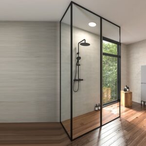 Fijo de
  ducha a techo LINE con perfileria enmarcada 3 cuerpos - Vidrio 4 MM con
  tratamiento anti-cal incluido- Brazo sujeción acero inox