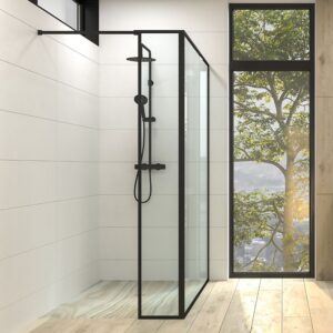 Fijo de
  ducha a medida mampara LINE con perfilería extra enmarcada 2 cuerpos - Vidrio
  4 MM con tratamiento anti-cal incluido- Brazo sujeción acero inox