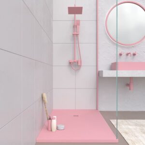 Plato ducha resina CLOE Rosa Palo RAL 6015 con textura pizarra antibacteriano y antideslizante. Rejilla termolacada