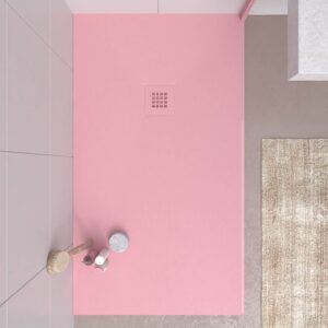 Plato ducha resina CLOE Rosa Palo RAL 6015 con textura pizarra antibacteriano y antideslizante. Rejilla termolacada