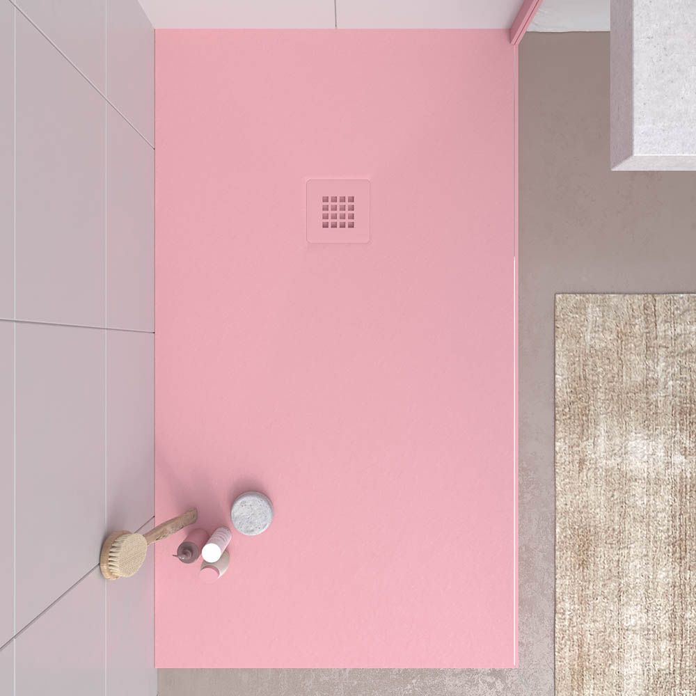 Plato ducha resina CLOE Rosa Palo RAL 6015 con textura pizarra antibacteriano y antideslizante. Rejilla termolacada