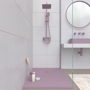 Plato ducha resina CLOE Violeta RAL 4009 con textura pizarra antibacteriano y antideslizante. Rejilla termolacada