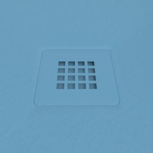 Plato ducha resina CLOE Azul Ópalo RAL 5024 con textura pizarra antibacteriano y antideslizante. Rejilla termolacada