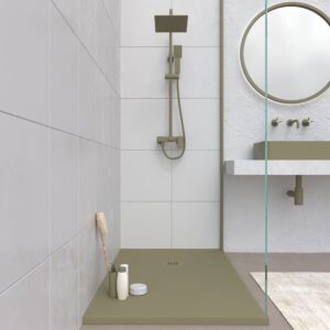 Plato ducha resina CLOE Musgo RAL 6013 con textura pizarra antibacteriano y antideslizante. Rejilla termolacada