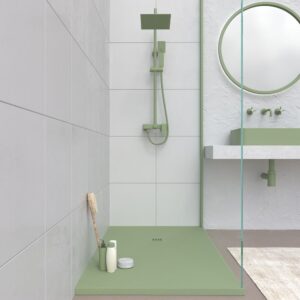 Plato ducha resina CLOE Verde Oliva RAL 6021 con textura pizarra antibacteriano y antideslizante. Rejilla termolacada