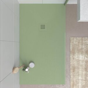Plato ducha resina CLOE Verde Oliva RAL 6021 con textura pizarra antibacteriano y antideslizante. Rejilla termolacada
