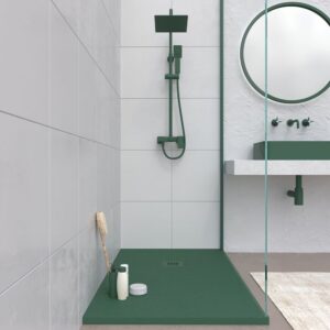 Plato ducha resina CLOE Verde Agua RAL 6028 con textura pizarra antibacteriano y antideslizante. Rejilla termolacada