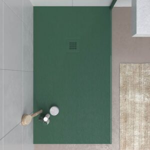 Plato ducha resina CLOE Verde Agua RAL 6028 con textura pizarra antibacteriano y antideslizante. Rejilla termolacada