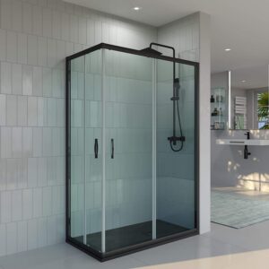 Mampara de ducha rectangular TEMPO apertura angular 2 fijos-2 puertas correderas. Vidrio transparente con tratamiento anti-cal. Acabado negro mate - 88-90x78-90 cm.
